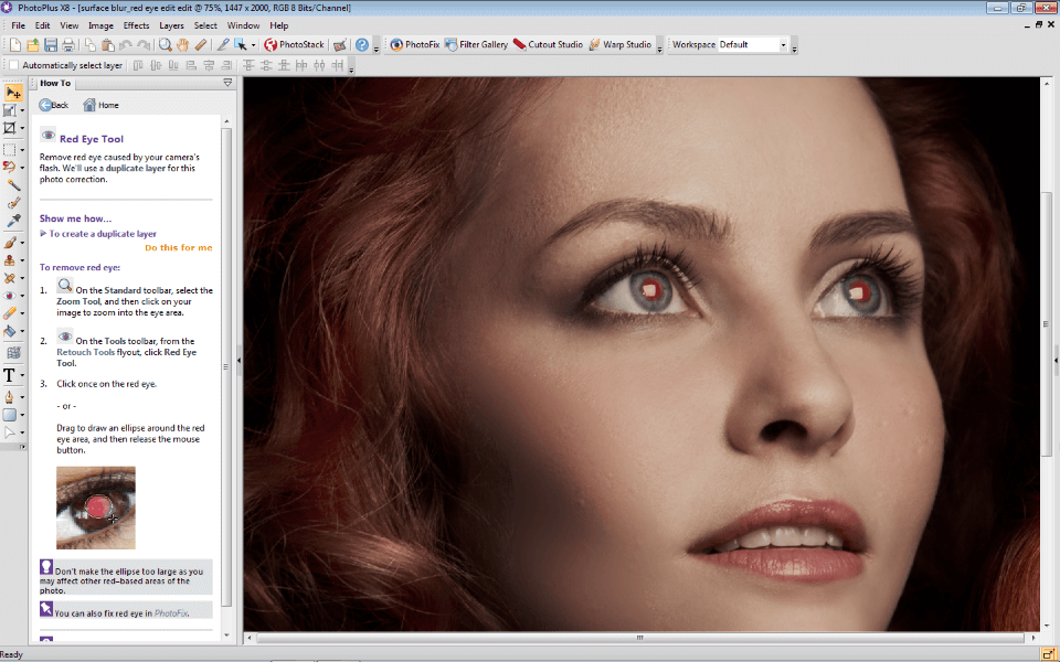 Интерфейс Serif PhotoPlus X8 с панелью How To и инструментом удаления красных глаз