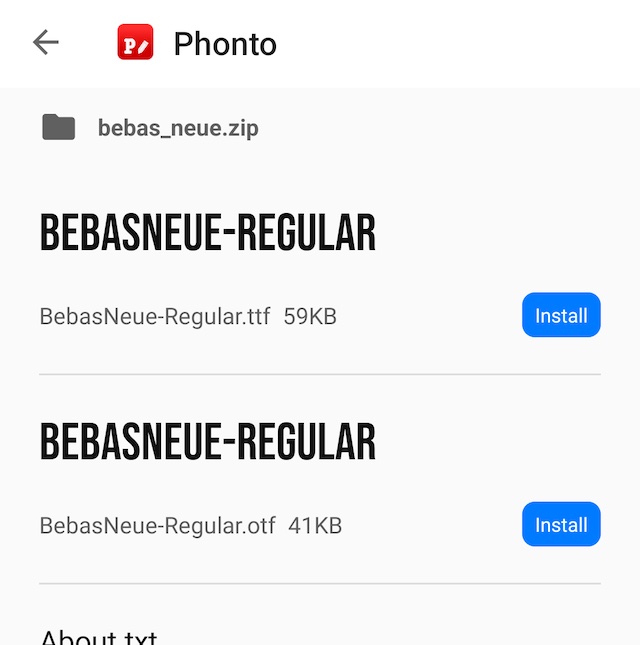 Экран установки пользовательского шрифта в Phonto для Android