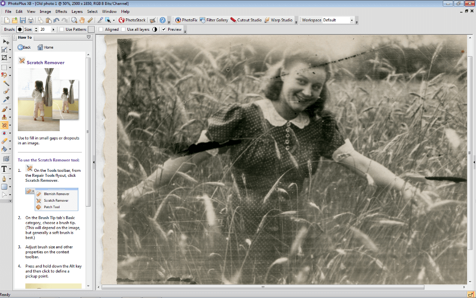 Восстановление старой фотографии в Serif PhotoPlus X8 инструментом Scratch Remover