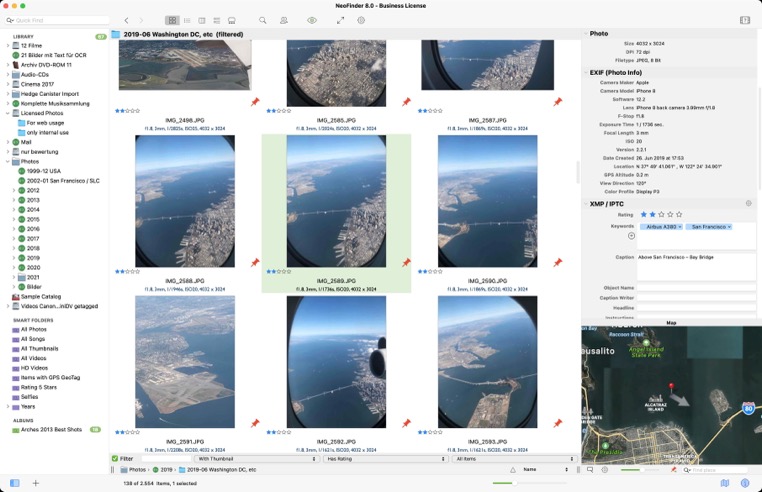 Главное окно NeoFinder с библиотекой, миниатюрами, инспектором EXIF и XMP и картой