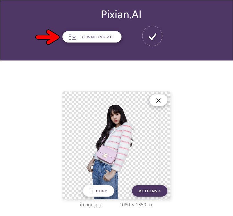 Карточка результата Pixian.ai с прозрачным фоном и кнопкой Download All