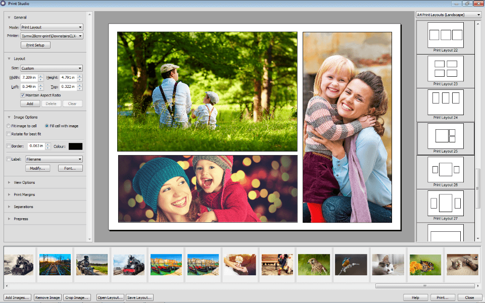 Print Studio в Serif PhotoPlus X8 с несколькими фотографиями на странице