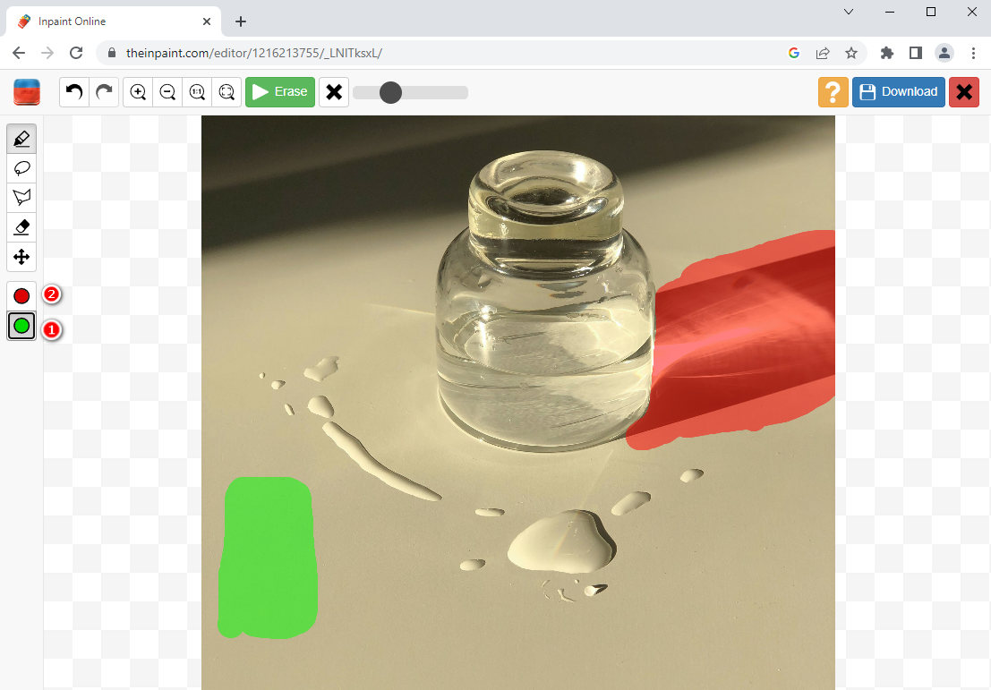 Редактор Inpaint Online с красной маской объекта и зелёной донорской областью