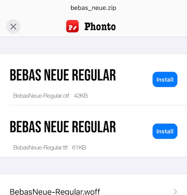 Экран Phonto на iOS с установкой шрифтов TTF и OTF