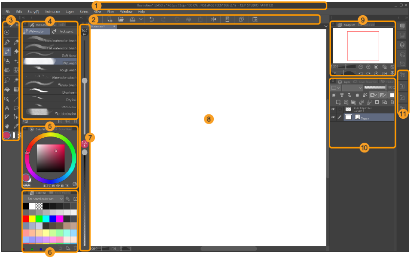 Рабочее окно Clip Studio Paint 5 в Studio Mode с холстом, палитрами инструментов, цвета, слоёв и материалов