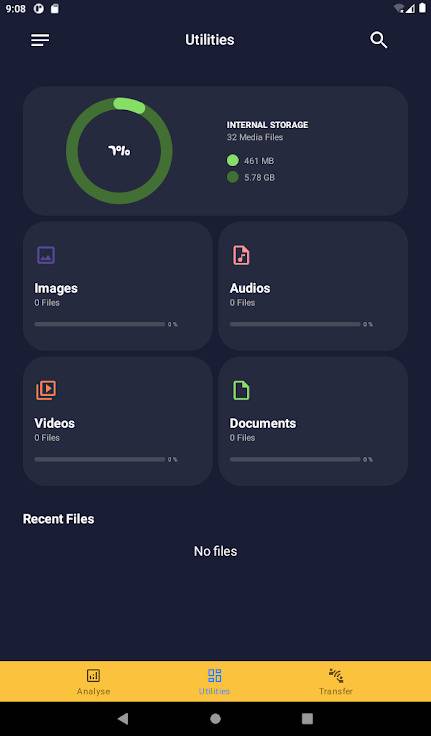 Главный экран Utilities в Amaze File Utilities с категориями изображений, аудио, видео и документов