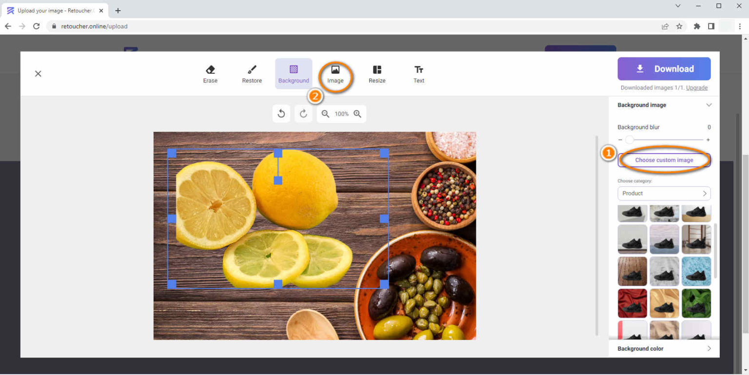 Retoucher Online с собственным фоновым изображением и режимом Image