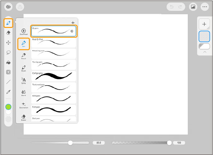 Simple Mode Clip Studio Paint на планшете со списком кистей и ползунками размера и непрозрачности