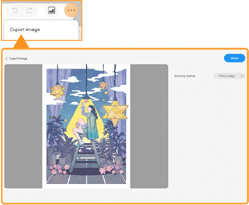 Экран экспорта Clip Studio Paint в Simple Mode с выбором PNG, JPEG и PSD