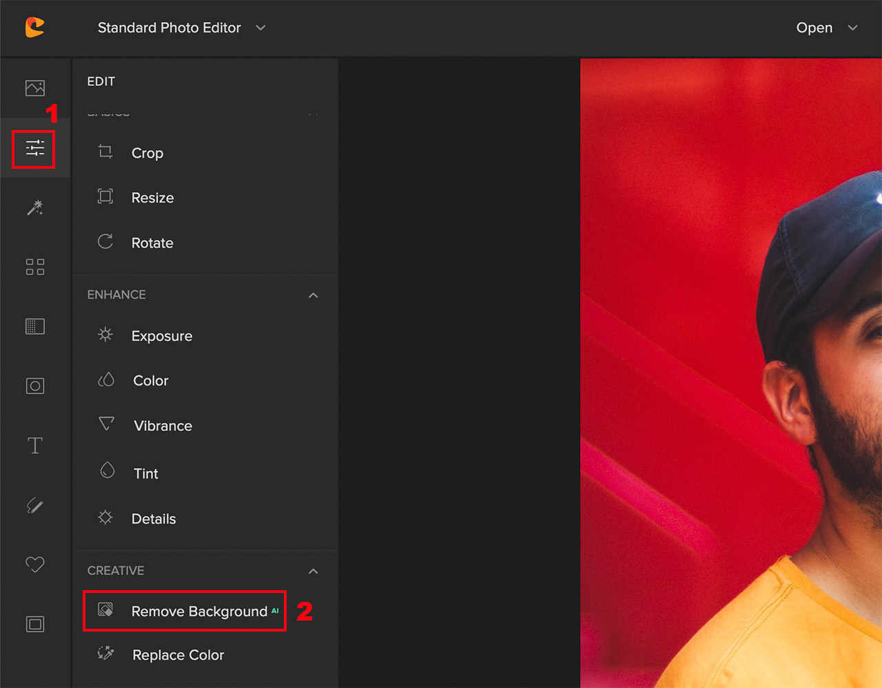 Панель Edit и инструмент Remove Background в Colorcinch