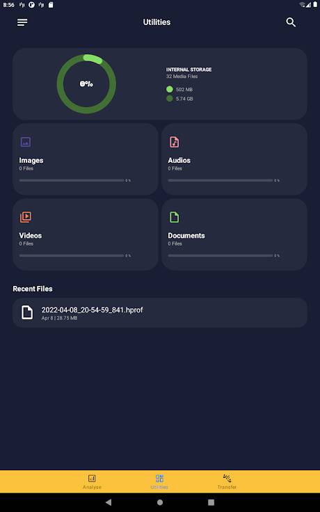 Экран Utilities Amaze File Utilities с карточками медиа и недавним файлом