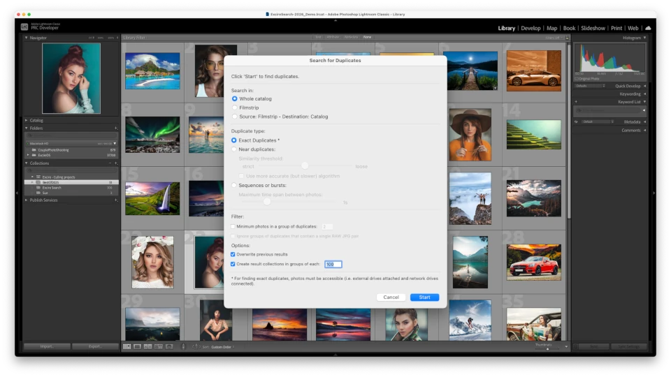 Настройки поиска дублей Excire Search в Lightroom Classic