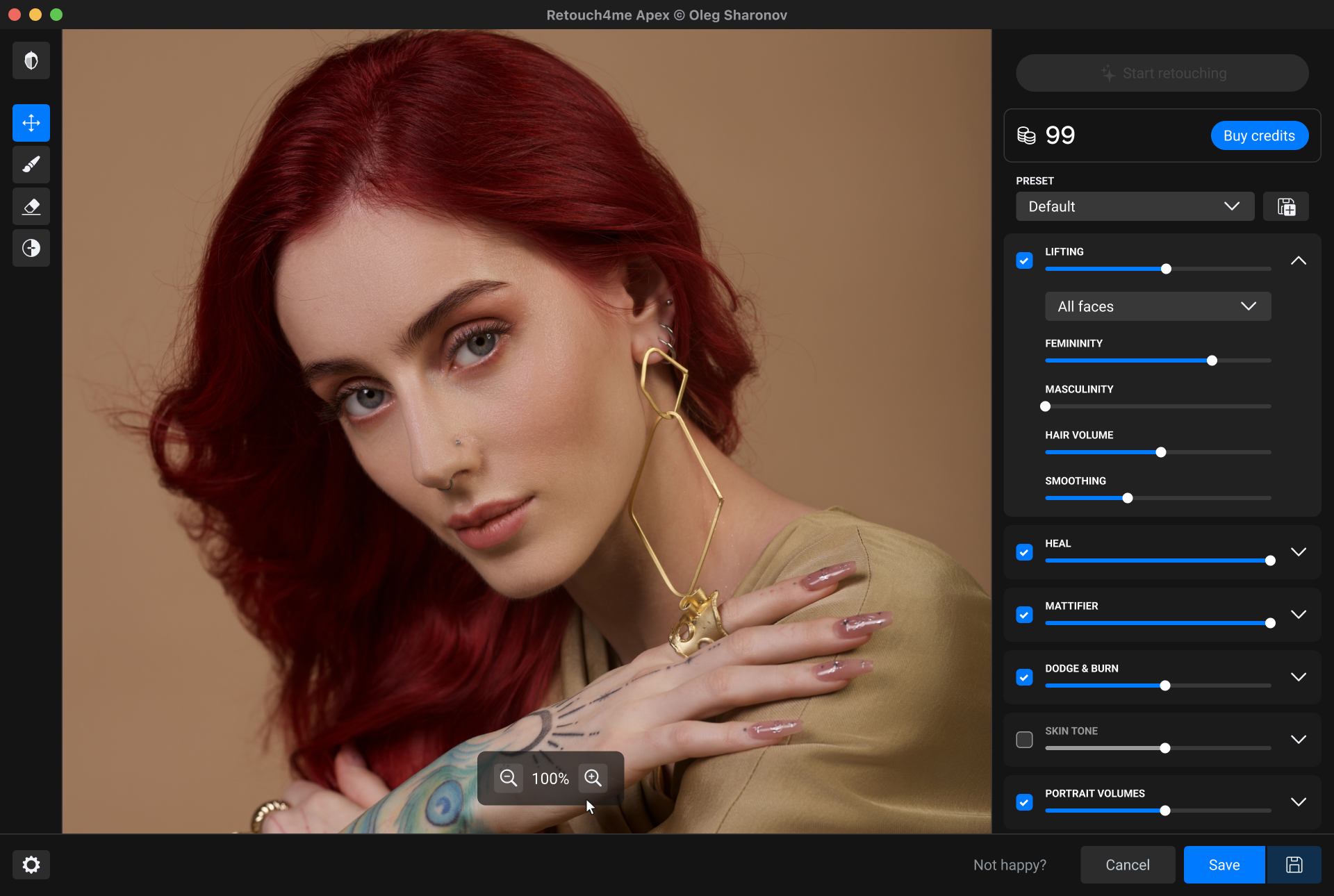 Интерфейс Retouch4me Apex с панелью модулей ретуши