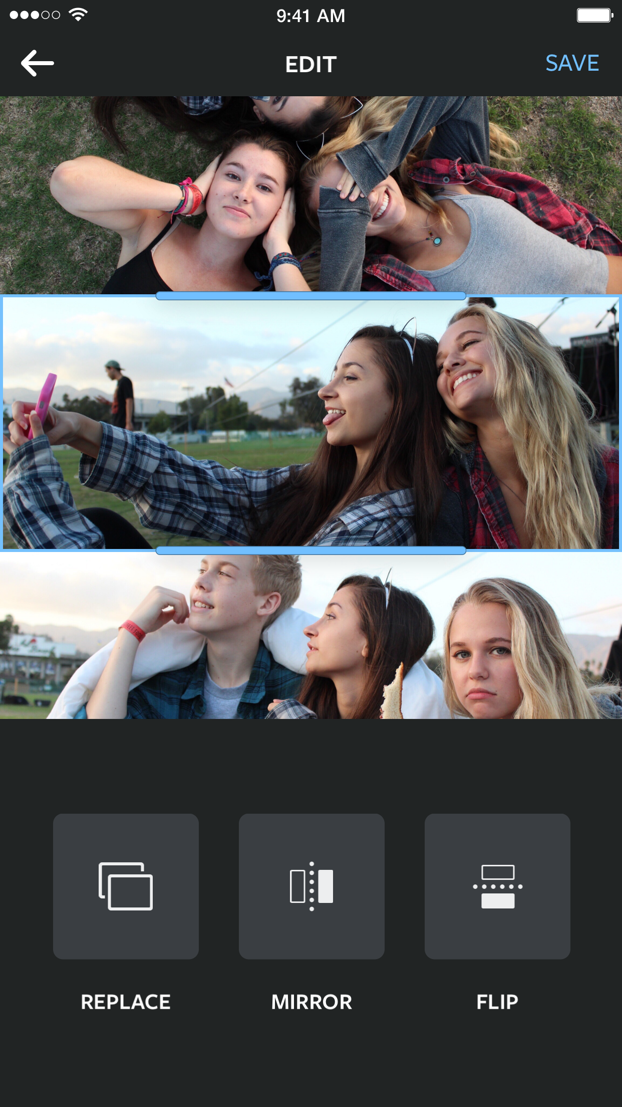 Экран редактирования фотоколлажа в Layout from Instagram