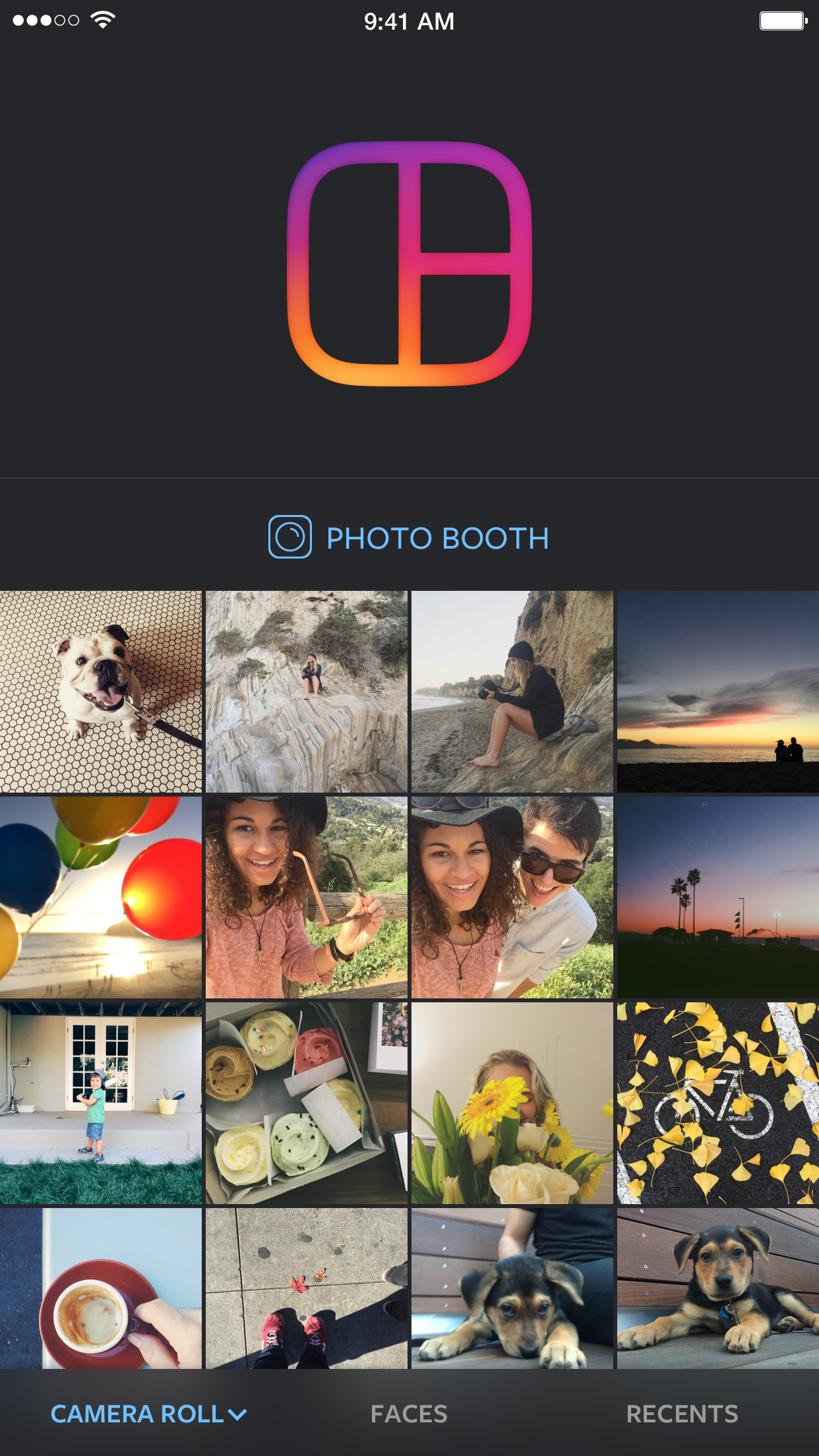 Экран Layout from Instagram с выбором фотографий и вариантов коллажа