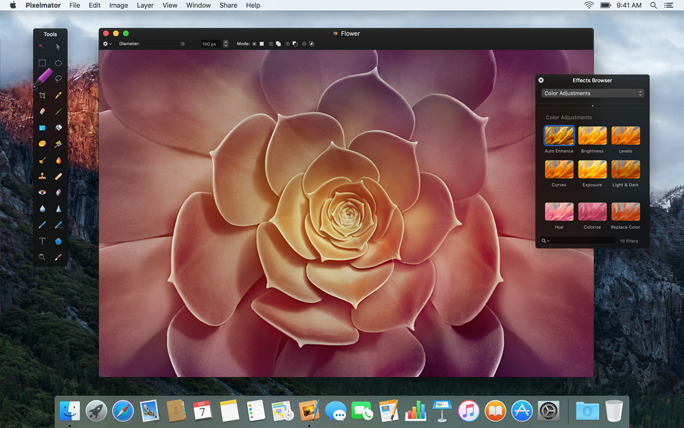 Pixelmator Classic с открытым браузером Effects и палитрой Tools