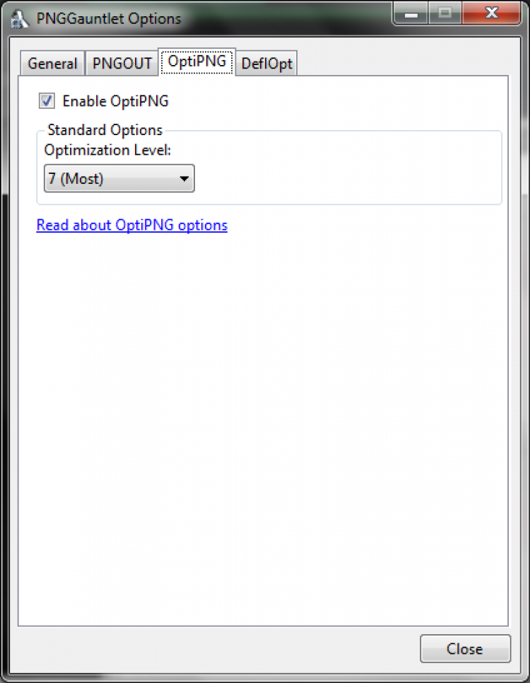 Вкладка OptiPNG в настройках PNGGauntlet