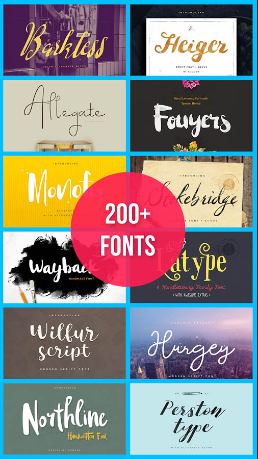Промоизображение Fonteee с надписью 200+ Fonts и примерами гарнитур