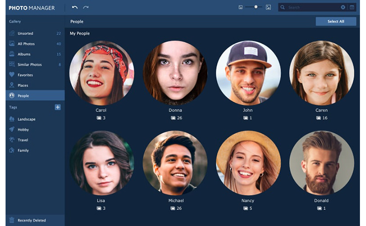 Раздел People в Movavi Photo Manager 2 с группами распознанных людей