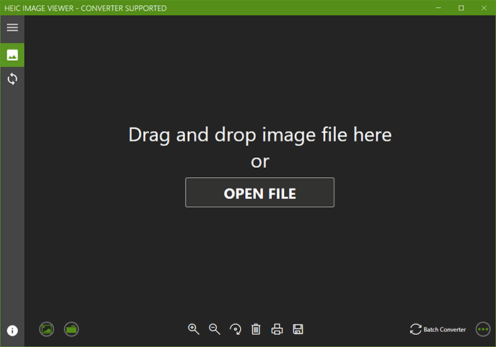 Главное окно HEIC Viewer X с областью перетаскивания и кнопкой Open File