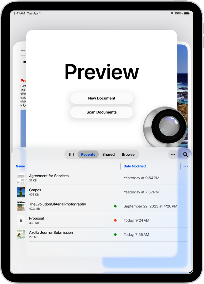 Главный экран Preview на iPad с кнопками New Document и Scan Documents
