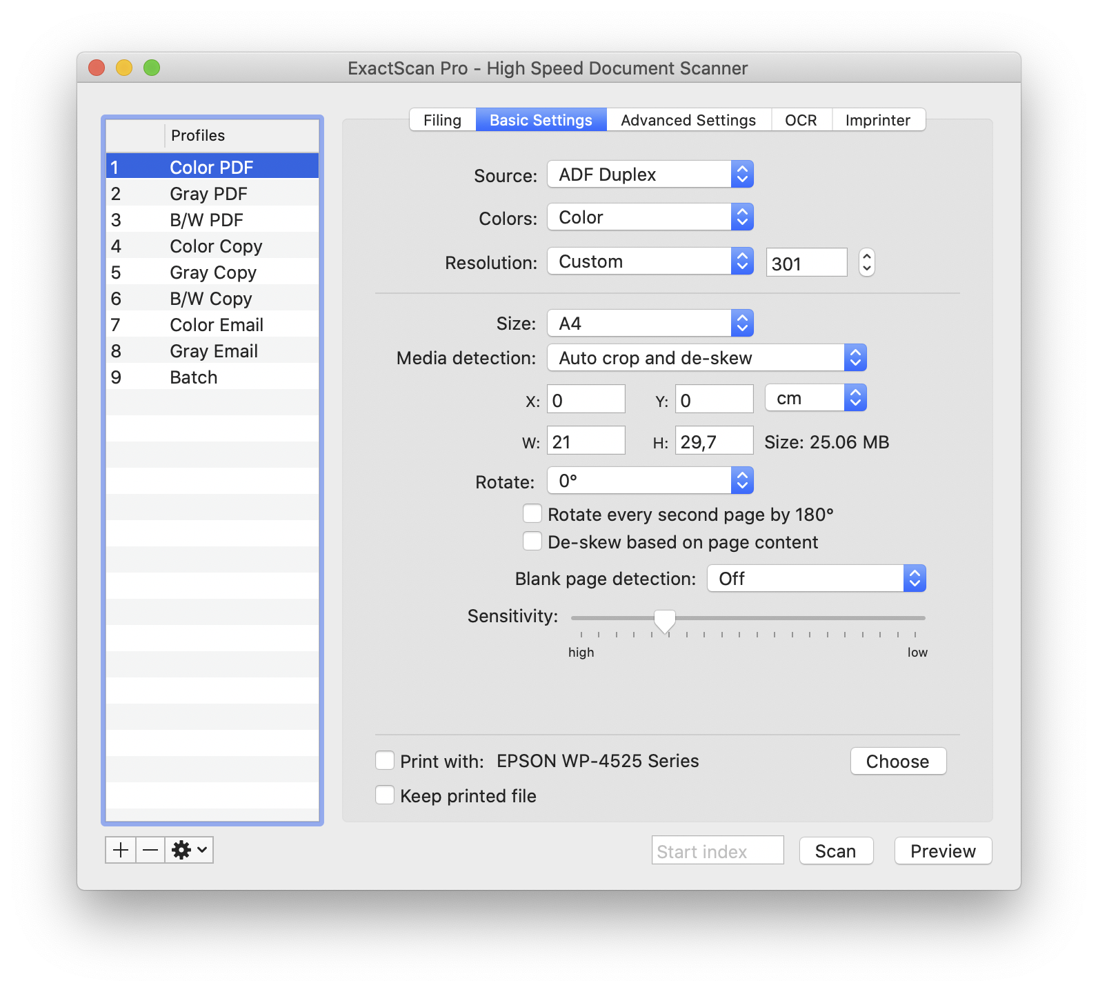 Вкладка Basic Settings в ExactScan Pro с выбором ADF Duplex, разрешения и автоматической обрезки