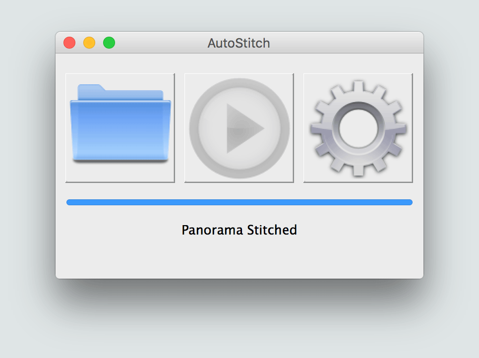 Историческое главное окно AutoStitch для macOS с кнопками выбора файлов, запуска и настроек