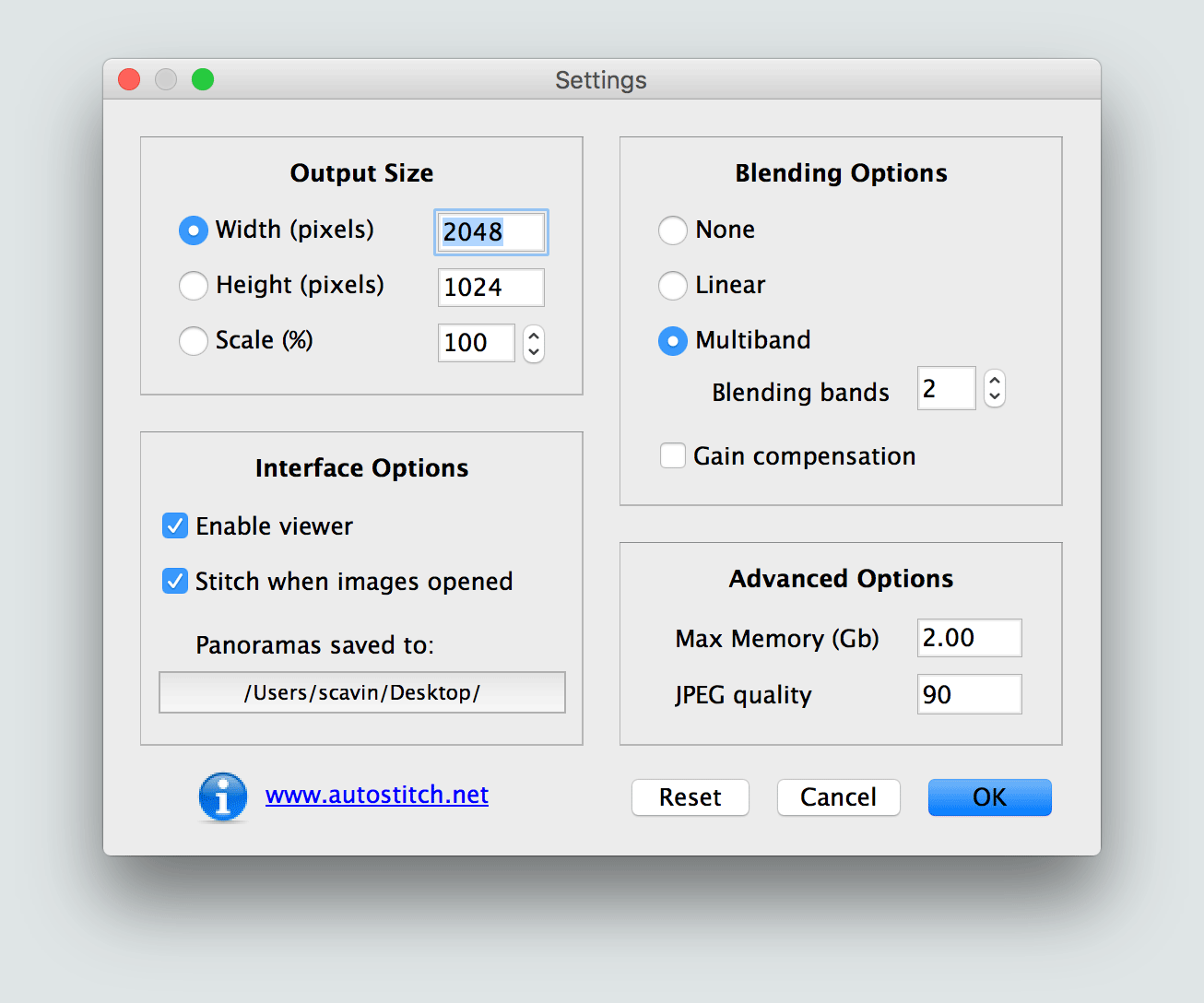 Историческое окно Settings AutoStitch для macOS с параметрами размера, смешивания, памяти и JPEG