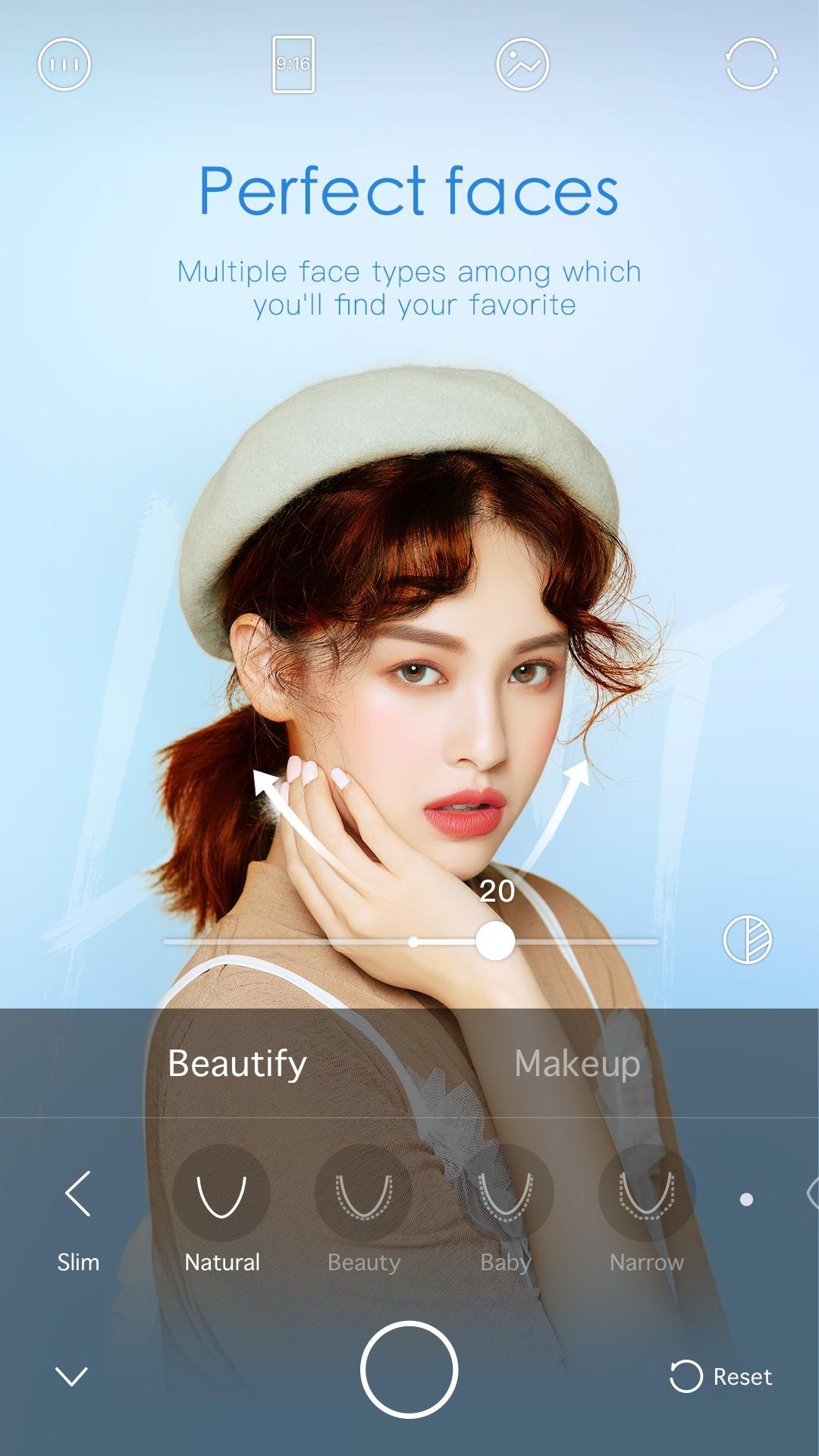 Промоэкран Ulike с вкладками Beautify и Makeup и ползунком интенсивности
