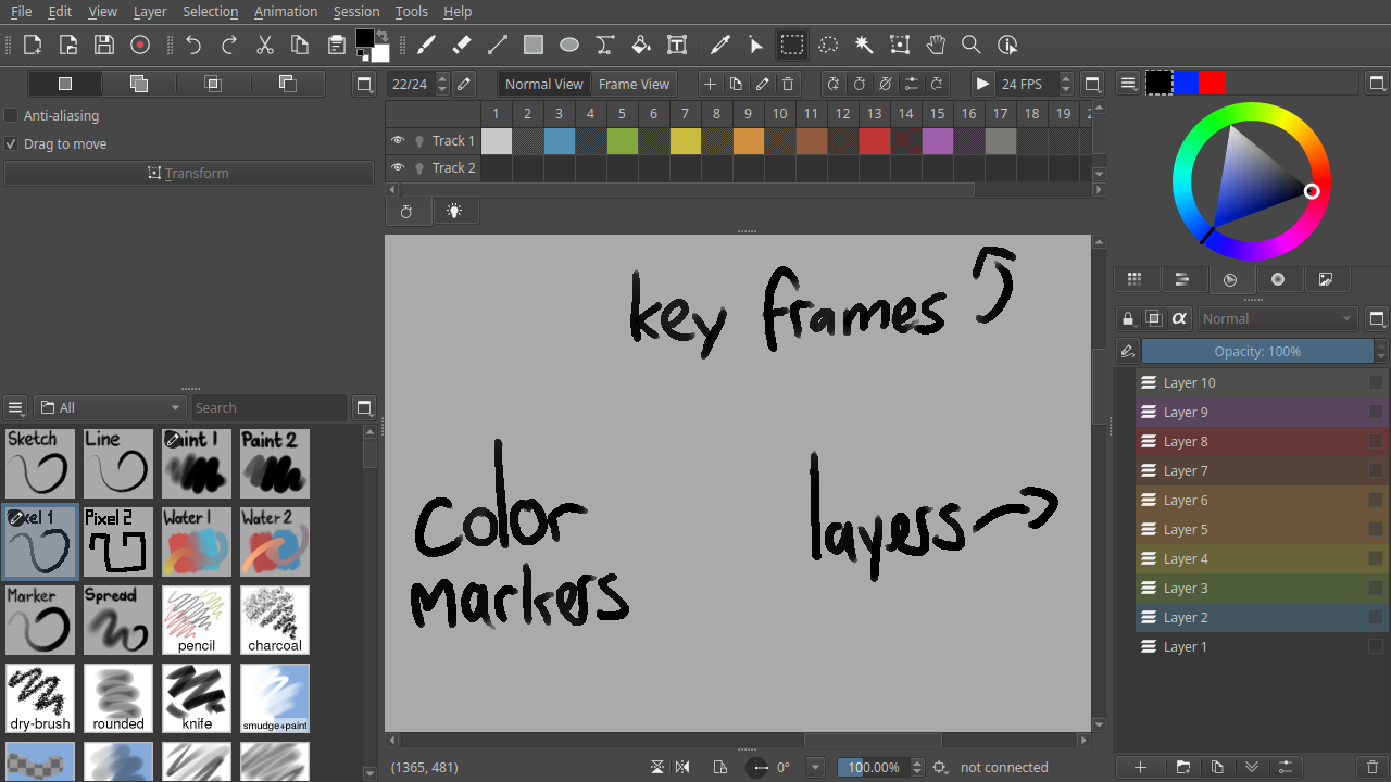 Главное окно Drawpile с холстом, кистями, временной шкалой, цветовым кругом и панелью слоёв