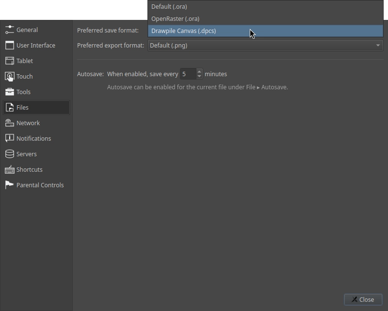 Настройки файлов Drawpile с выбором OpenRaster ORA и Drawpile Canvas DPCS