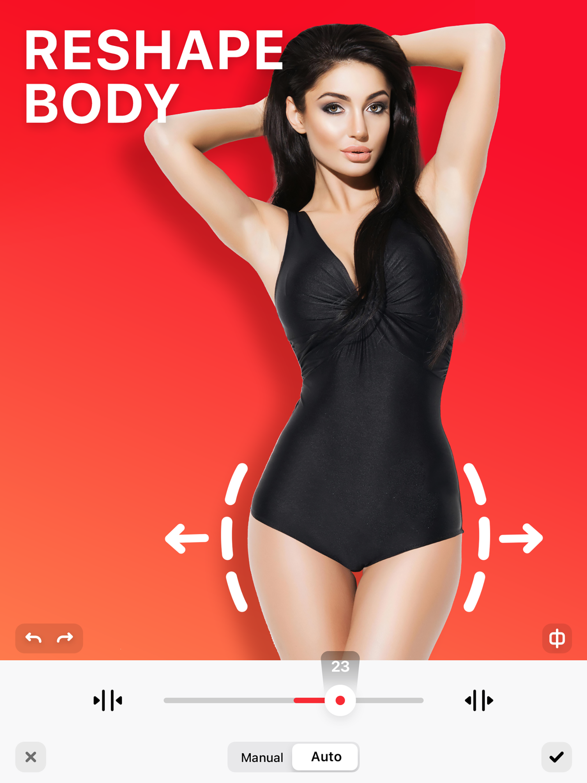 Инструмент изменения контура тела в BodyTune с ползунком и режимами Manual и Auto