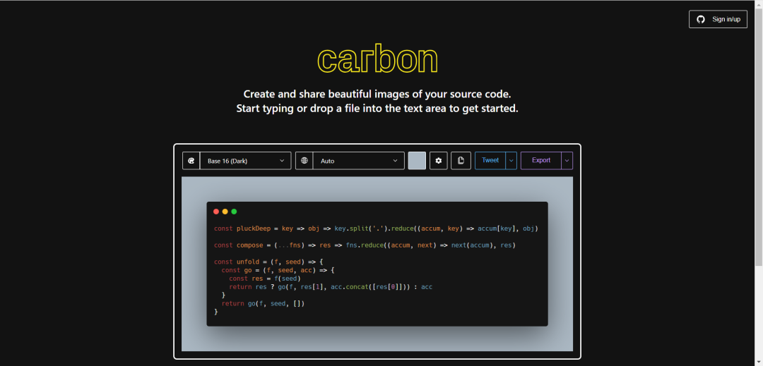 Полное рабочее окно Carbon с панелью темы, языка и областью кода