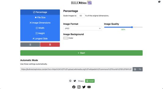 Экран настроек Bulk Resize Photos с режимами Percentage, File Size, Width, Height и Longest Side