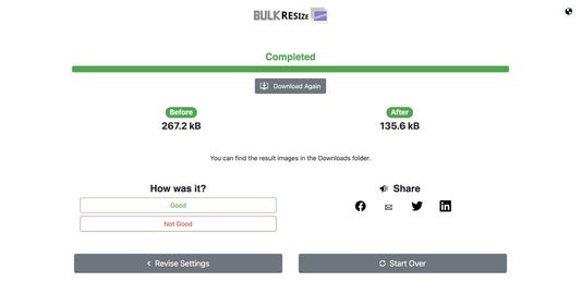 Экран Completed в Bulk Resize Photos с результатом Before и After