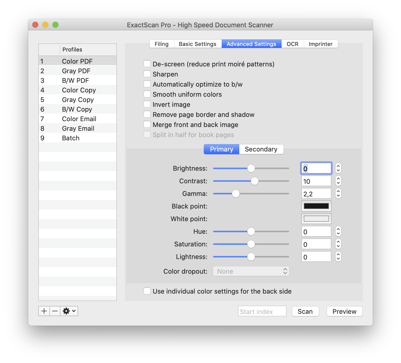 Вкладка Advanced Settings в ExactScan Pro с фильтрами и настройками яркости, контраста и цвета
