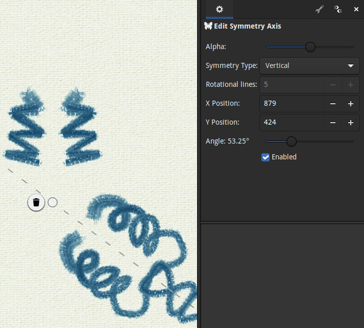 Панель Edit Symmetry Axis в MyPaint 2.0.1 с выбором типа симметрии, положения и угла