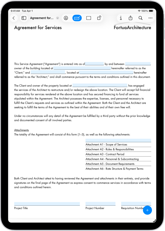 PDF-форма в Preview на iPad с панелью AutoFill, Markup, Crop, Info, Share и Search