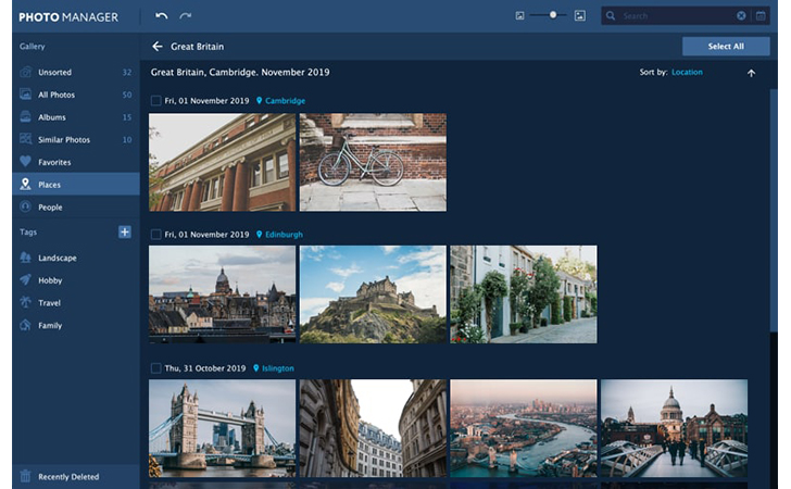 Раздел Places в Movavi Photo Manager 2 с группировкой фотографий по Великобритании и городам
