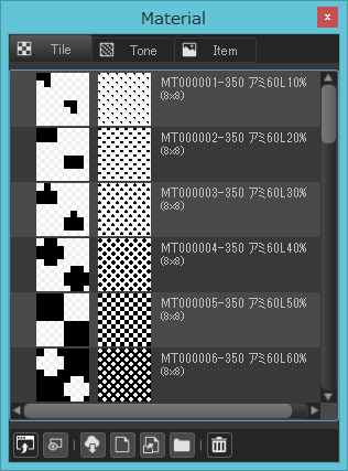 Окно материалов MediBang Paint Pro с вкладками Tile Tone и Item