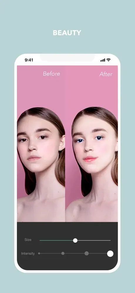 Портретная ретушь Cymera с сравнением Before и After и ползунками размера и интенсивности