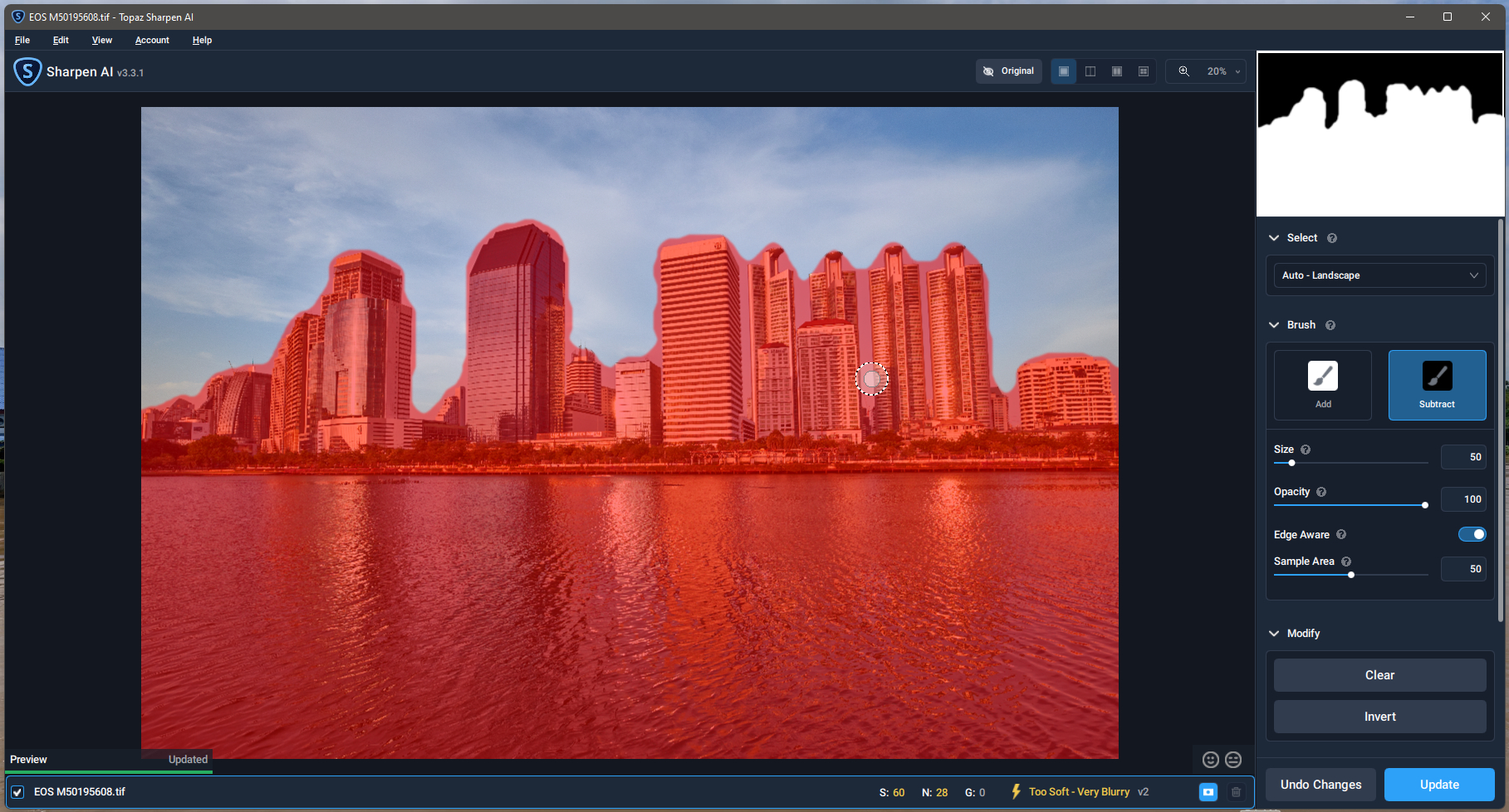 Режим маски Topaz Sharpen AI 3.3.1 с красным оверлеем, Auto Landscape и кистями Add и Subtract