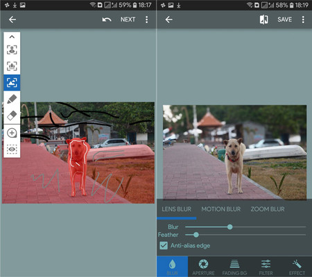 Исторический интерфейс AfterFocus для Android с маской объекта и настройками Lens Blur