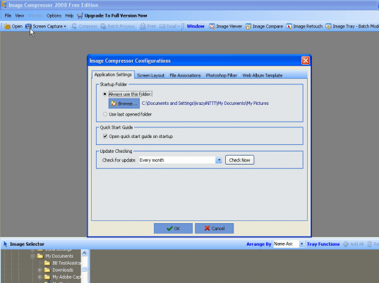 Диалог Image Compressor Configurations с настройкой стартовой папки, руководства и проверки обновлений