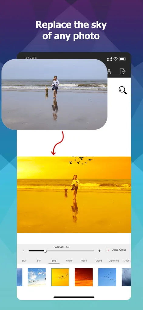 Режим Magic Sky в Photo Cut Out Editor с выбором вариантов неба, Auto Color и ползунком Position