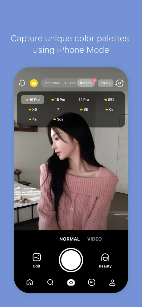Интерфейс камеры SNOW с режимом iPhone и выбором пресетов