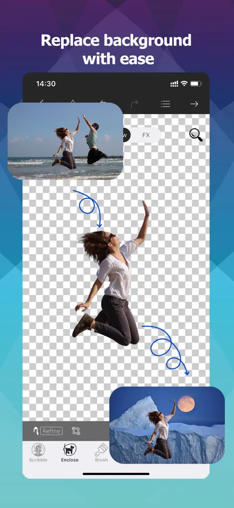 Замена фона в Photo Cut Out Editor после вырезания человека из исходного снимка