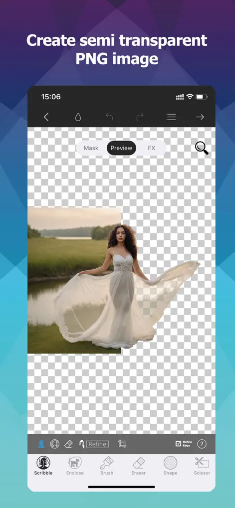 Экран Photo Cut Out Editor с прозрачным фоном, маской и инструментами Scribble, Brush, Eraser, Shape и Scissor