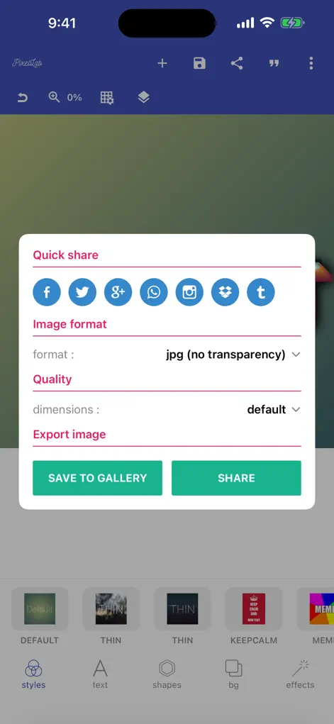 Диалог экспорта PixelLab с выбором формата, dimensions, Save to Gallery и Share