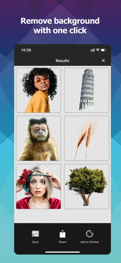 Результаты автоматического вырезания в Photo Cut Out Editor с кнопками Save, Share и Add to Sticker